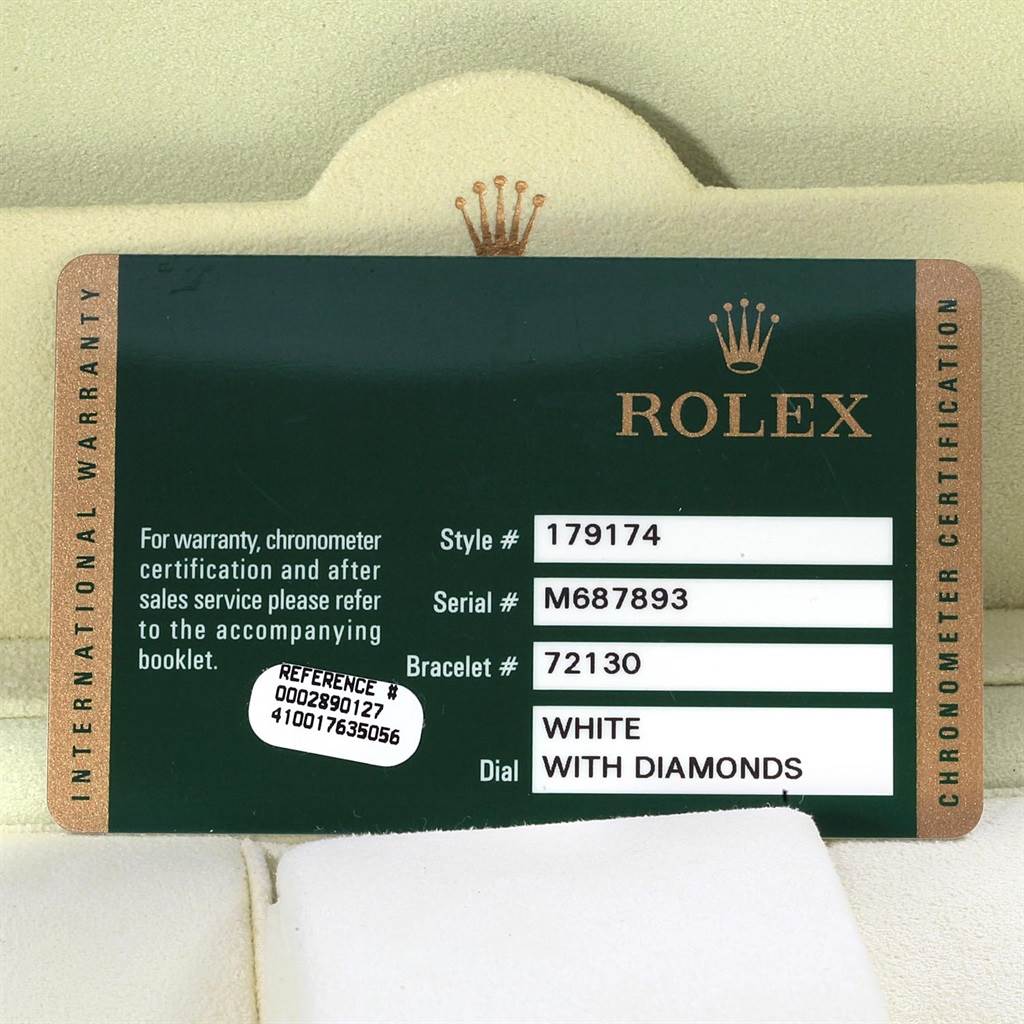 This image shows a warranty card for a Rolex Datejust 179174 Women
s Stainless Steel White Dial 179174 Women
s Stainless Steel White Dial watch, including style, serial, and bracelet numbers, and dial details.