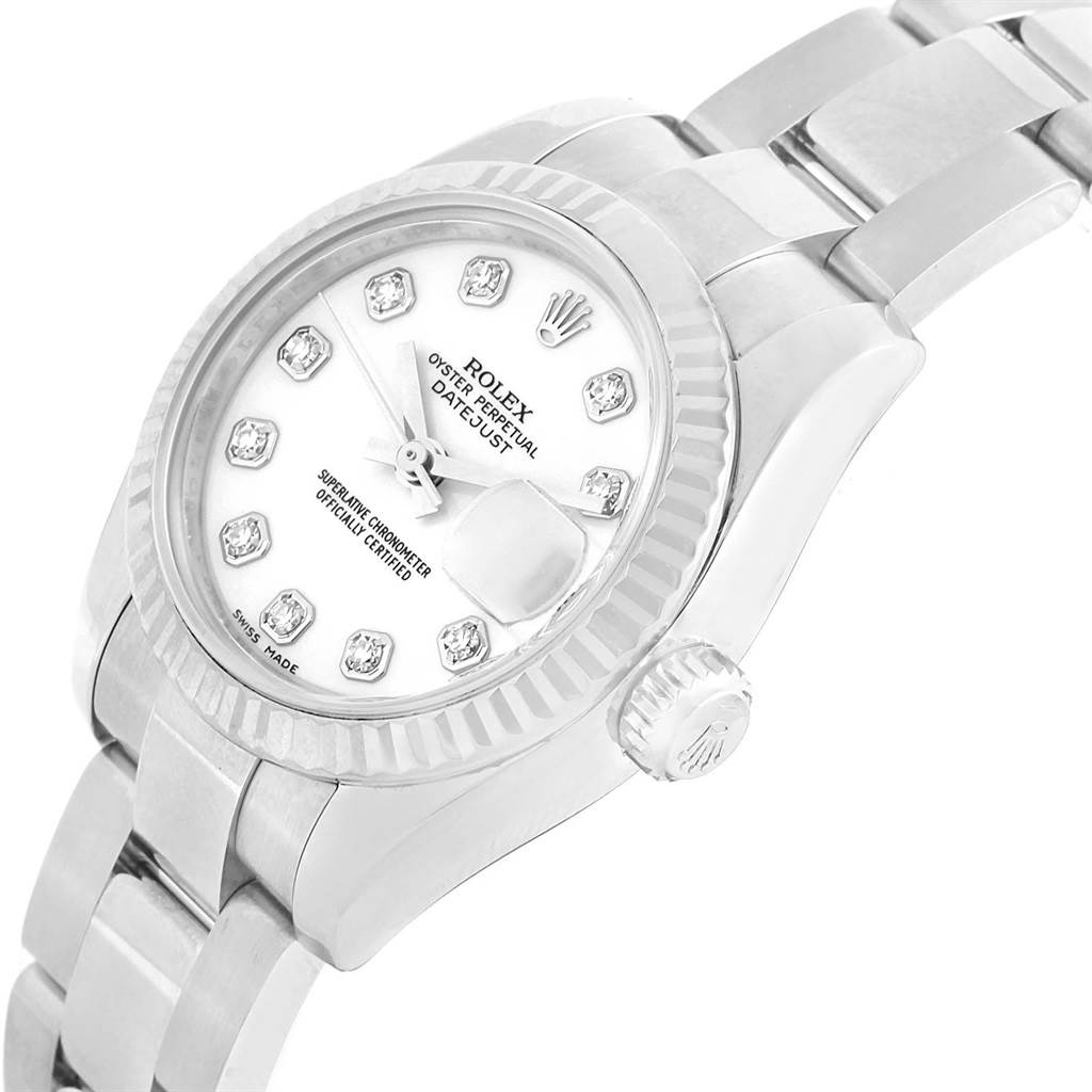 The Rolex Datejust 179174 Women
s Stainless Steel White Dial 179174 Women
s Stainless Steel White Dial watch is shown from an angled side view, highlighting its dial, bezel, crown, and bracelet.