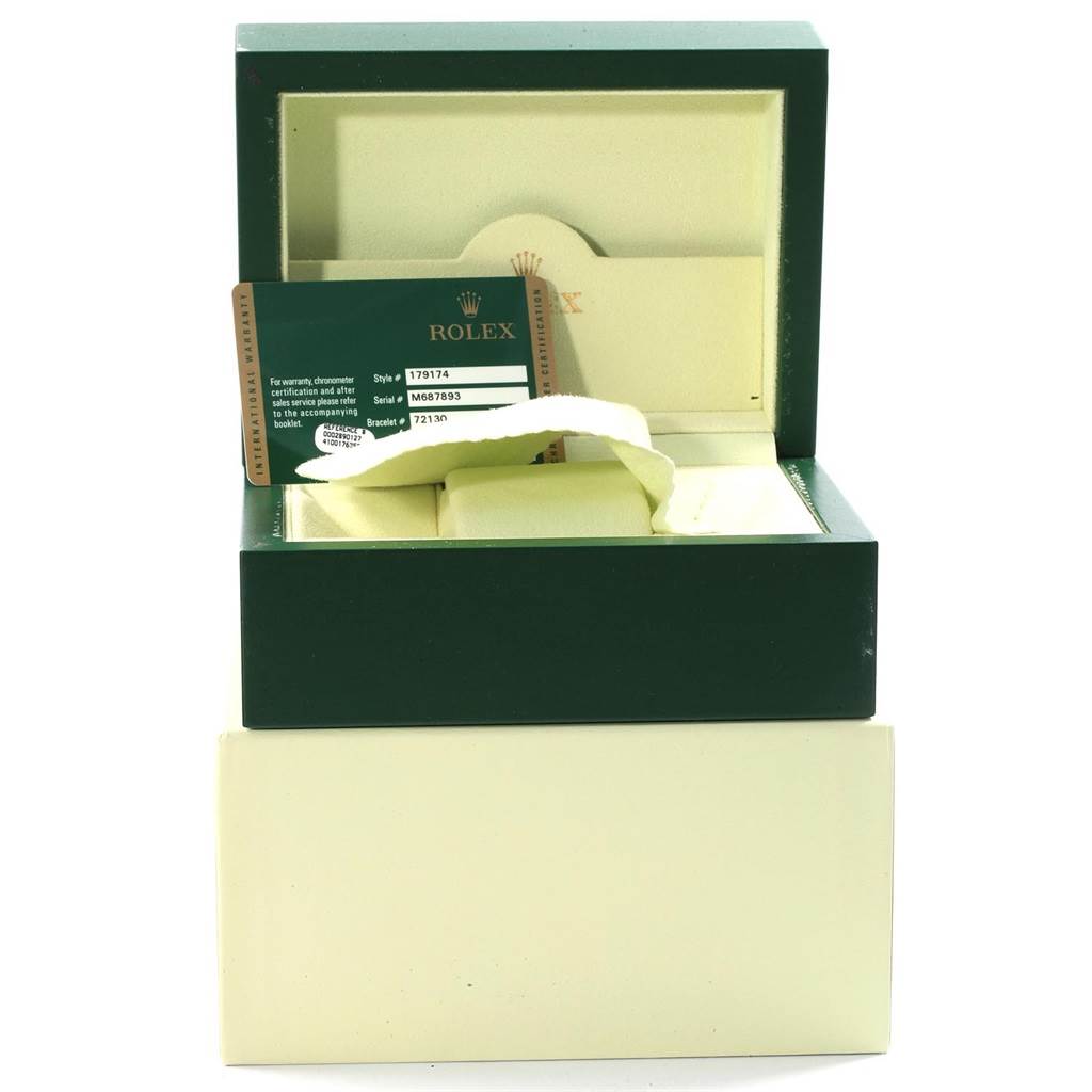 The image shows a Rolex Datejust 179174 Women
s Stainless Steel White Dial 179174 Women
s Stainless Steel White Dial watch box, along with the warranty card, viewed from the front.