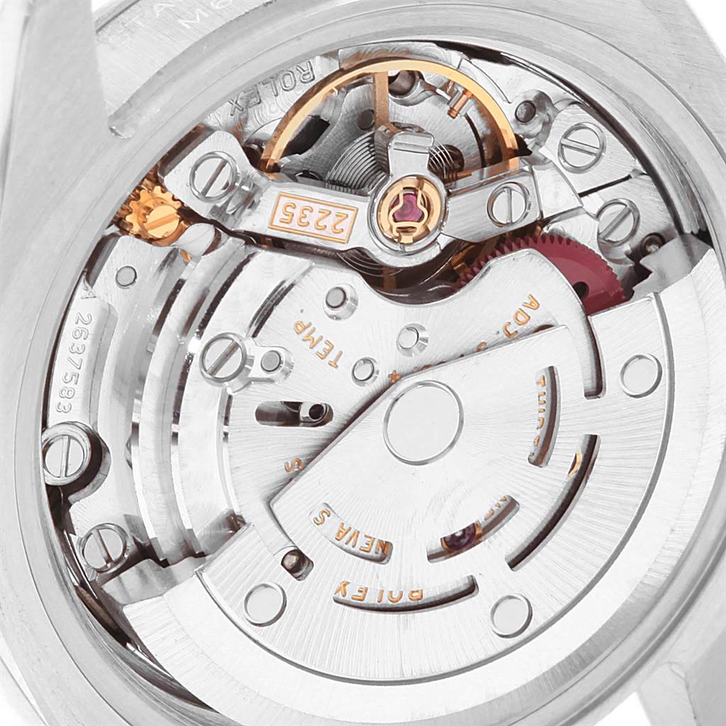 The image shows the inner mechanical movement components of a Rolex Datejust 179174 Women
s Stainless Steel White Dial 179174 Women
s Stainless Steel White Dial watch from a close-up, top-down angle.