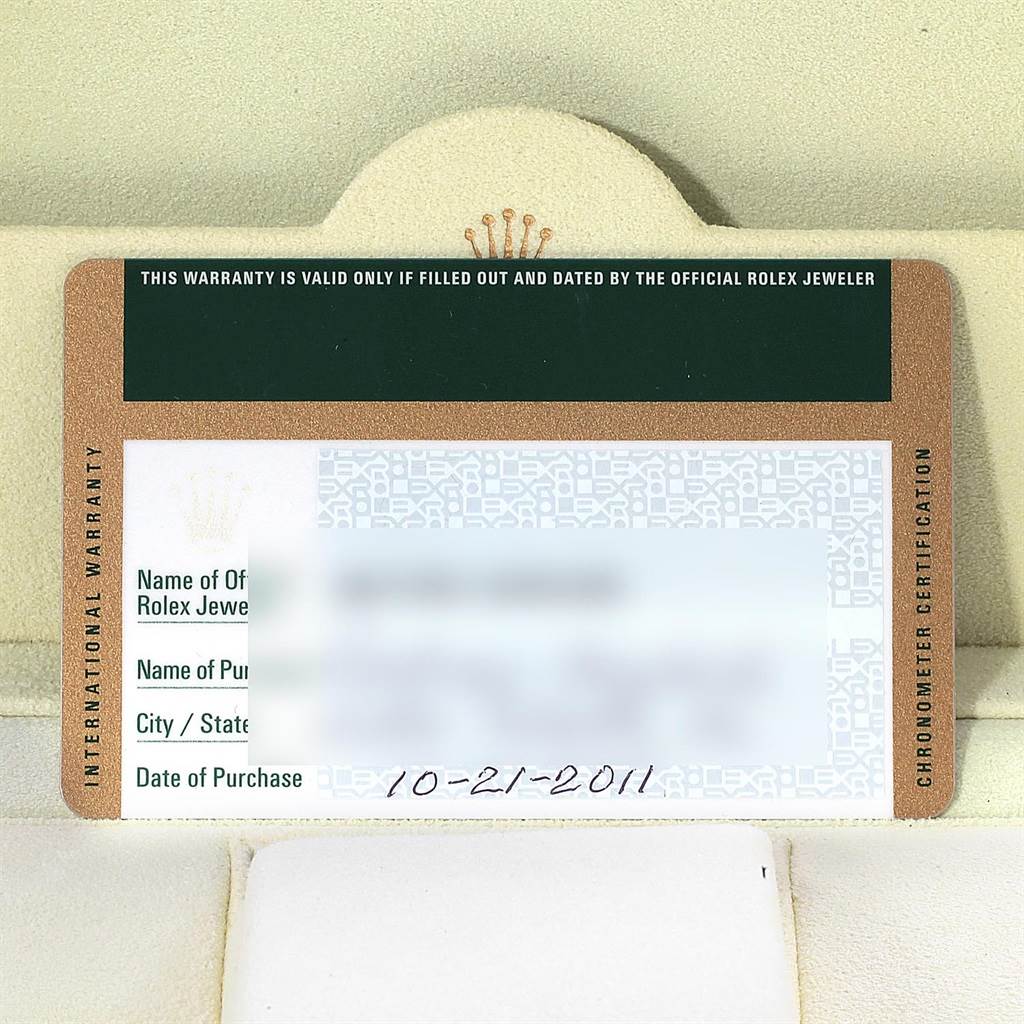This image shows the warranty card for a Rolex Datejust 179174 Women
s Stainless Steel White Dial 179174 Women
s Stainless Steel White Dial model from a close-up and top angle.
