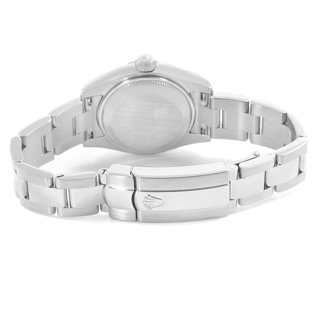 The image shows the back view of a Rolex Datejust 179174 Women
s Stainless Steel White Dial 179174 Women
s Stainless Steel White Dial watch, highlighting the bracelet and clasp.