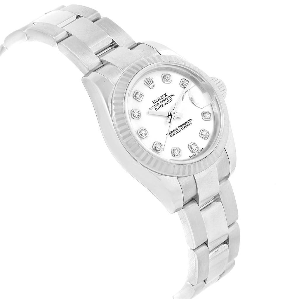 The image shows a Rolex Datejust 179174 Women
s Stainless Steel White Dial 179174 Women
s Stainless Steel White Dial watch from a top-left angled view, highlighting its dial, bezel, and bracelet.