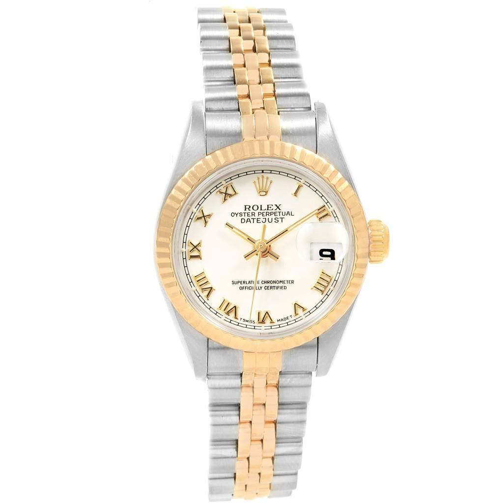 The image shows a front view of a Rolex Datejust 69173 Women's Stainless Steel White Dial 69173 Women's Stainless Steel White Dial watch with a two-tone gold and silver bracelet and a white dial with Roman numerals.