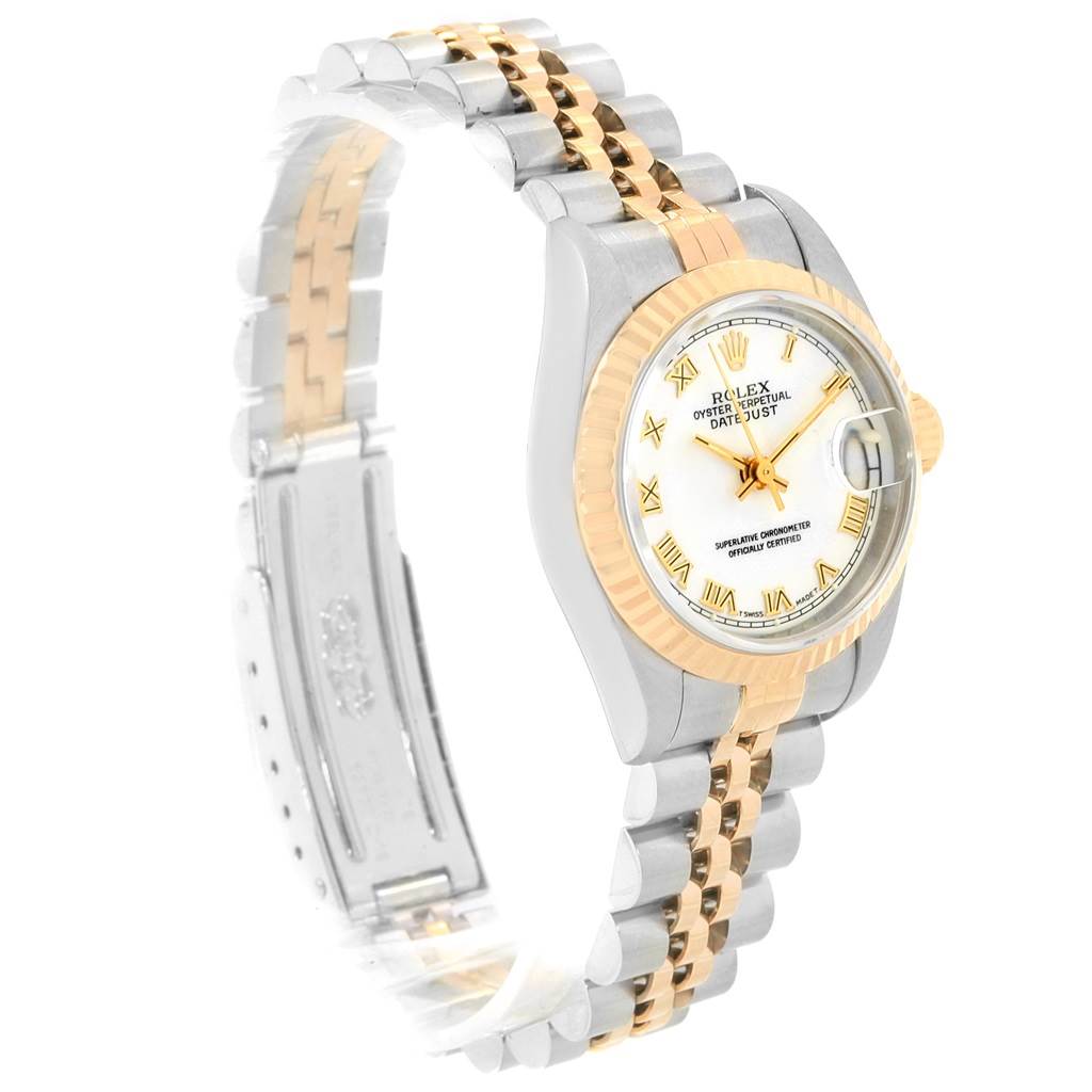 This image shows a side view angle of a Rolex Datejust 69173 Women's Stainless Steel White Dial 69173 Women's Stainless Steel White Dial watch, highlighting the dial, bezel, and two-tone bracelet.