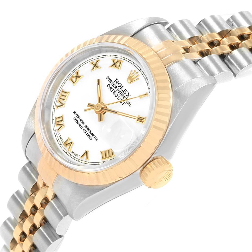 This image shows a side profile of a Rolex Datejust 69173 Women's Stainless Steel White Dial 69173 Women's Stainless Steel White Dial watch, highlighting its bezel, crown, and two-tone bracelet.