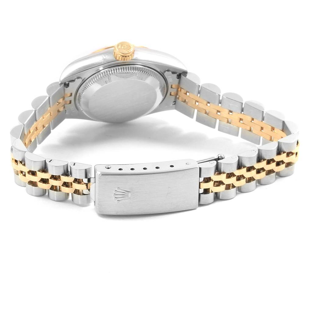 This image shows the back view of a Rolex Datejust 69173 Women's Stainless Steel White Dial 69173 Women's Stainless Steel White Dial watch, focusing on the bracelet and clasp, with the case back and crown also visible.