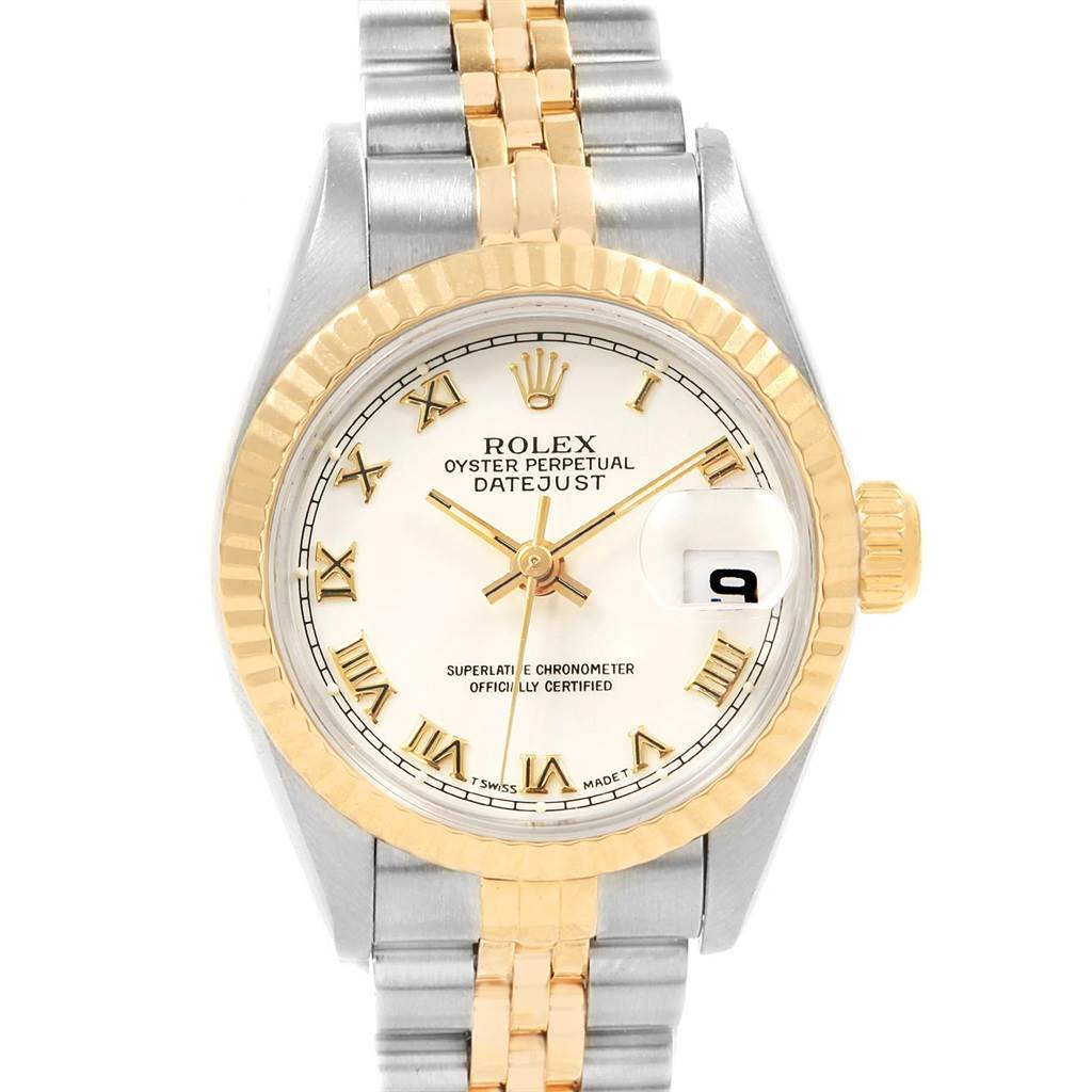 The Rolex Datejust 69173 Women's Stainless Steel White Dial 69173 Women's Stainless Steel White Dial watch is shown from a top-down angle, displaying the face, bezel, and part of the bracelet.