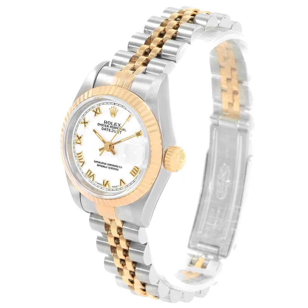 The Rolex Datejust 69173 Women's Stainless Steel White Dial 69173 Women's Stainless Steel White Dial watch is shown at a slight angle displaying the face, two-tone fluted bezel, and Jubilee bracelet.