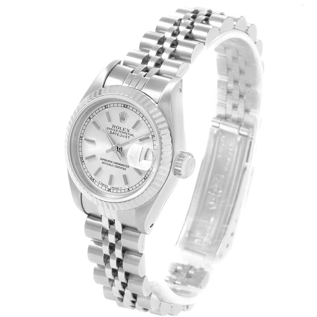 This Rolex Datejust 69174 Women's Stainless Steel Silver Dial 69174 Women's Stainless Steel Silver Dial watch is shown at a three-quarter angle, displaying its face, bezel, bracelet, and crown.