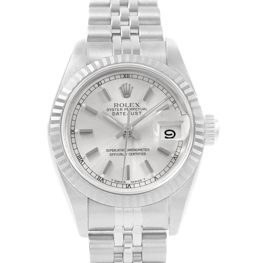 This image shows a Rolex Datejust 69174 Women's Stainless Steel Silver Dial 69174 Women's Stainless Steel Silver Dial watch from a front angle, highlighting its face, bezel, crown, and bracelet.