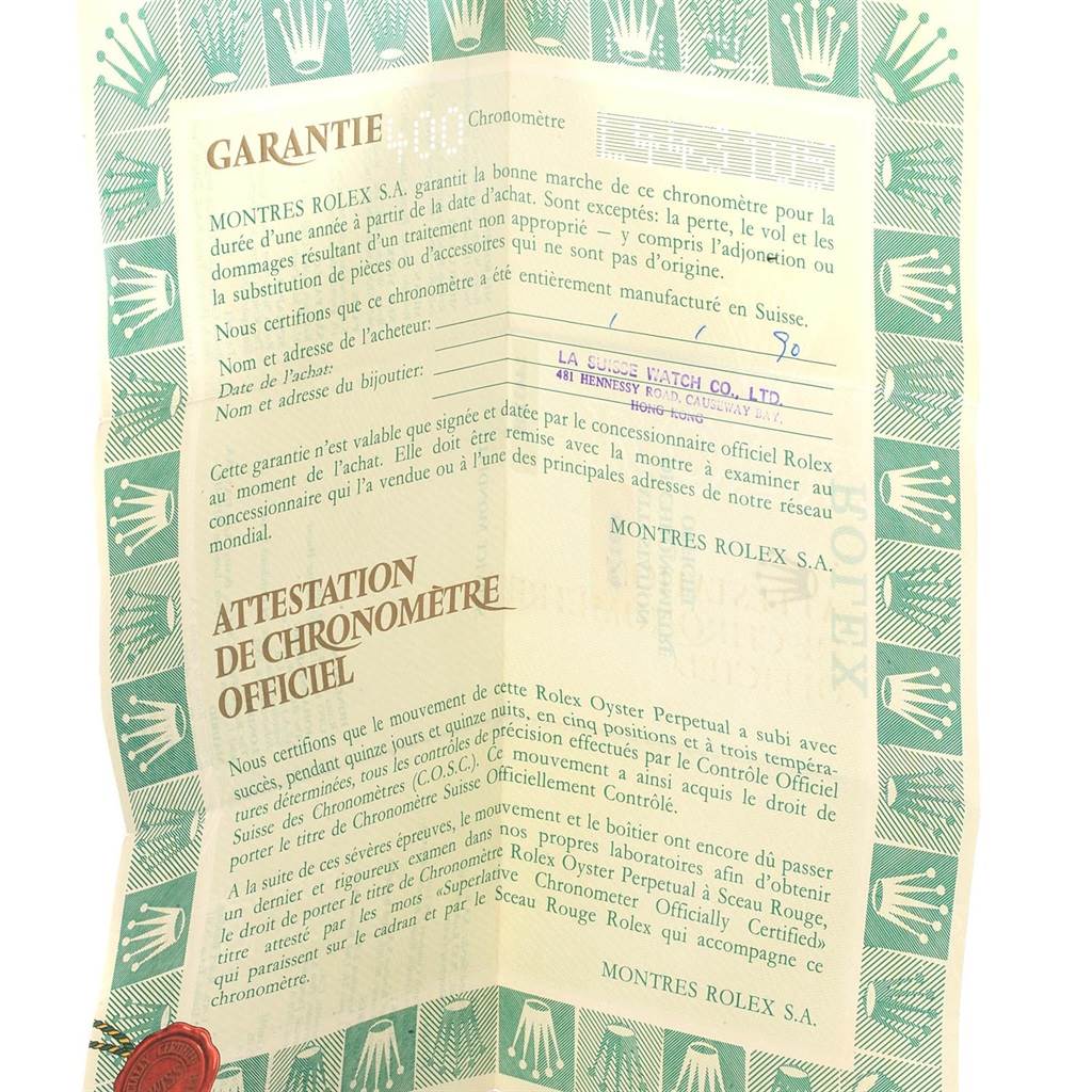 This image shows the original guarantee and chronometer certification paperwork for a Rolex Datejust 69174 Women's Stainless Steel Silver Dial 69174 Women's Stainless Steel Silver Dial watch.