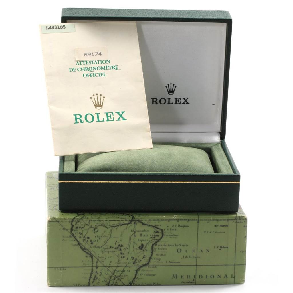 The image shows a Rolex Datejust 69174 Women's Stainless Steel Silver Dial 69174 Women's Stainless Steel Silver Dial watch box with documentation and a velvet cushion inside.