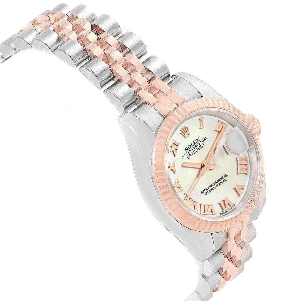 This image shows a Rolex Datejust 179171 Women's Steel and Gold (two tone) Mother of Pearl Dial 179171 Women's Steel and Gold (two tone) Mother of Pearl Dial watch at an angle that highlights the face, two-tone bezel, and jubilee bracelet.