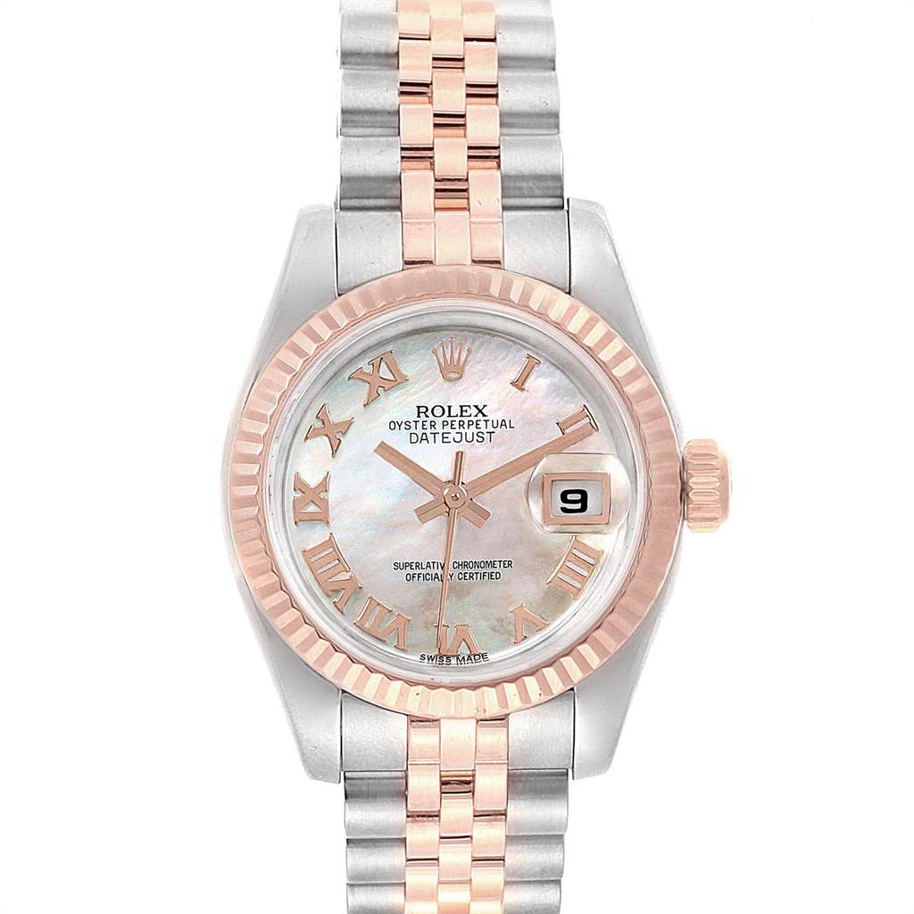 This image shows the front view of a Rolex Datejust 179171 Women's Steel and Gold (two tone) Mother of Pearl Dial 179171 Women's Steel and Gold (two tone) Mother of Pearl Dial watch with a two-tone metal bracelet and Roman numeral markers.