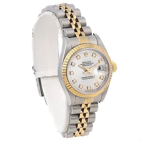 This image shows a Rolex Datejust 69173 Women's Stainless Steel Silver Dial 69173 Women's Stainless Steel Silver Dial watch at a three-quarter angle highlighting the face, bezel, and two-tone jubilee bracelet.