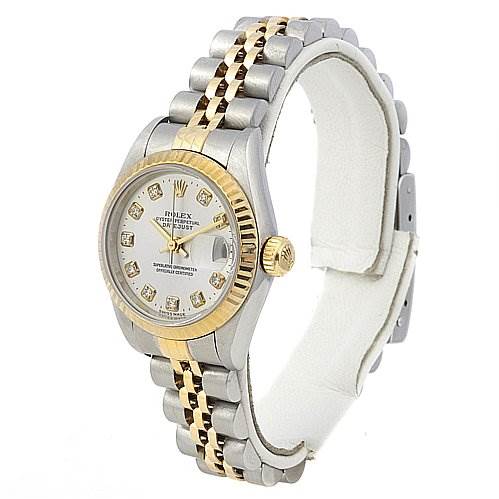 The image shows a Rolex Datejust 69173 Women's Stainless Steel Silver Dial 69173 Women's Stainless Steel Silver Dial watch at a three-quarter angle, featuring its dial, bezel, crown, and bracelet.