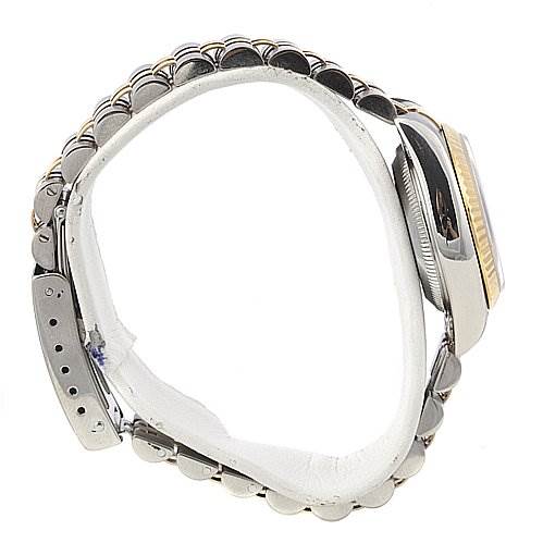 This side view of the Rolex Datejust 69173 Women's Stainless Steel Silver Dial 69173 Women's Stainless Steel Silver Dial watch shows the bracelet, case, and partially the crown.