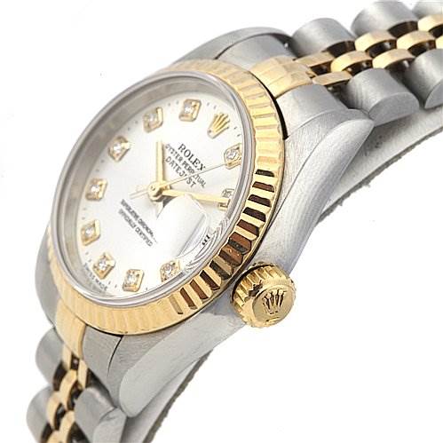 The Rolex Datejust 69173 Women's Stainless Steel Silver Dial 69173 Women's Stainless Steel Silver Dial watch is shown at an angled side view, focusing on the face, bezel, and part of the bracelet.