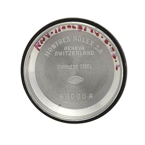 This image shows the inside of the stainless steel case back for a Rolex Datejust 69173 Women's Stainless Steel Silver Dial 69173 Women's Stainless Steel Silver Dial watch, displaying its markings and part number.