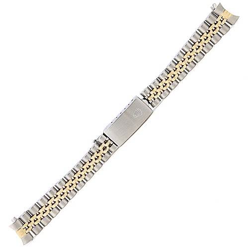 This image shows a Rolex Datejust 69173 Women's Stainless Steel Silver Dial 69173 Women's Stainless Steel Silver Dial watch bracelet with a two-tone metal finish and a Rolex-branded clasp.