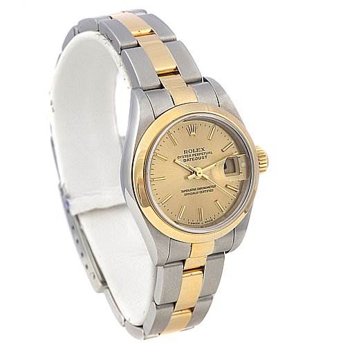 The image shows a Rolex Datejust 79163 Women's Yellow Gold Champagne Dial 79163 Women's Yellow Gold Champagne Dial watch angled slightly to display the face, bezel, lugs, and two-tone bracelet.
