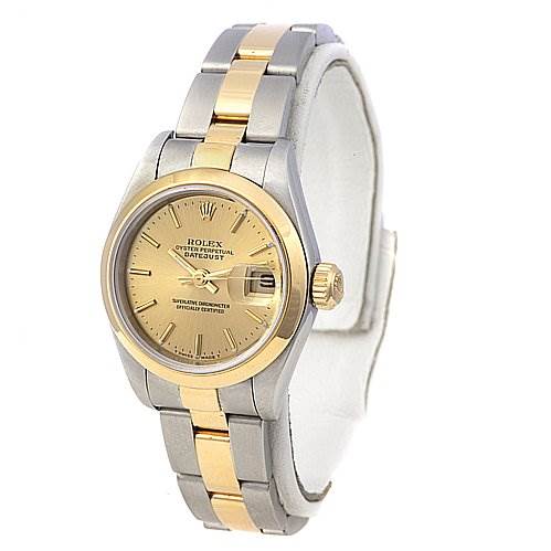 The image shows a Rolex Datejust 79163 Women's Yellow Gold Champagne Dial 79163 Women's Yellow Gold Champagne Dial watch from a front angle, displaying its dial, bezel, and two-tone metal bracelet.