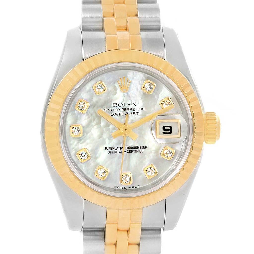 The image displays a Rolex Datejust 179173 Women's Steel and Gold (two tone) Mother of Pearl Dial 179173 Women's Steel and Gold (two tone) Mother of Pearl Dial watch from a front angle, showing its dial, bezel, and bracelet.