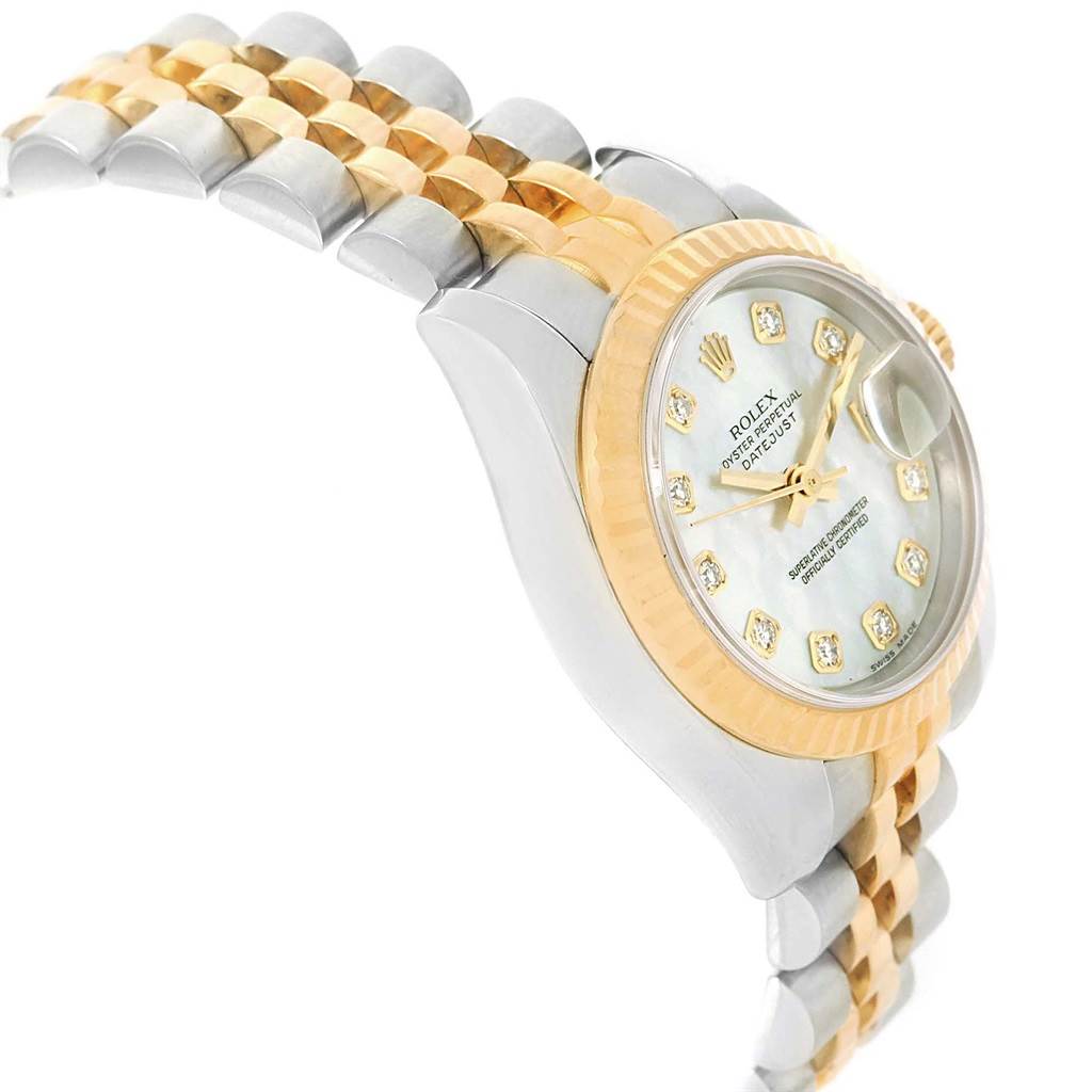 The image shows a Rolex Datejust 179173 Women's Steel and Gold (two tone) Mother of Pearl Dial 179173 Women's Steel and Gold (two tone) Mother of Pearl Dial watch at a side angle, highlighting its two-tone bracelet, fluted bezel, and diamond hour markers on the dial.
