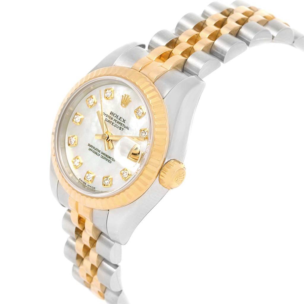The image shows a side and partial top view of a Rolex Datejust 179173 Women's Steel and Gold (two tone) Mother of Pearl Dial 179173 Women's Steel and Gold (two tone) Mother of Pearl Dial watch with a two-tone bracelet and diamond hour markers.