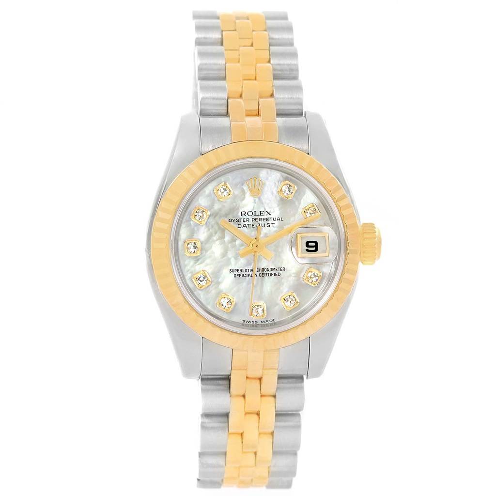 This image shows a Rolex Datejust 179173 Women's Steel and Gold (two tone) Mother of Pearl Dial 179173 Women's Steel and Gold (two tone) Mother of Pearl Dial watch, displaying the face, bezel, and two-tone bracelet, viewed from the front.