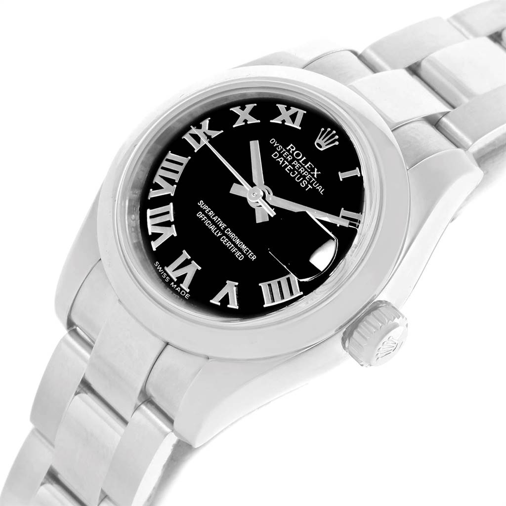 This image shows a Rolex Datejust 179160 Women's Stainless Steel Black Dial 179160 Women's Stainless Steel Black Dial model watch from a three-quarter top-down angle, displaying the face, bezel, crown, and part of the bracelet.