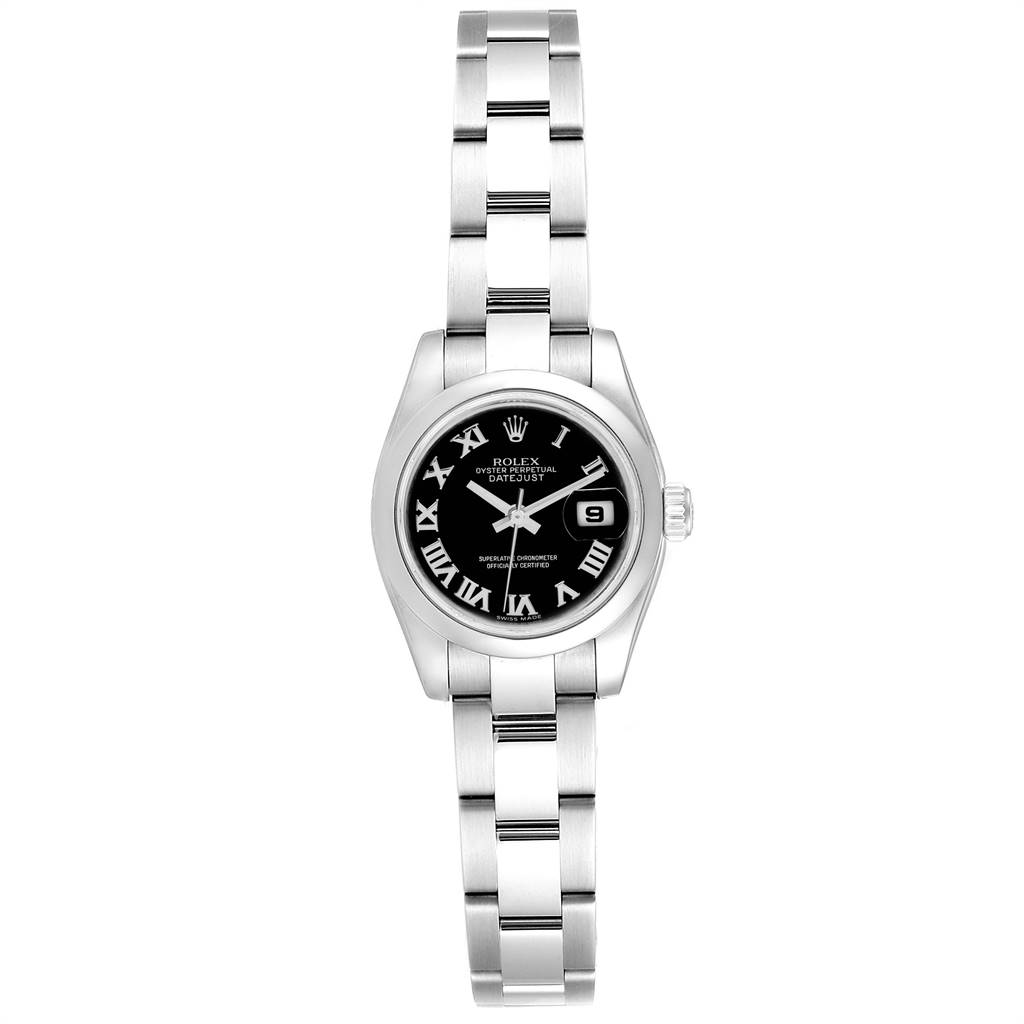 The image shows a Rolex Datejust 179160 Women's Stainless Steel Black Dial 179160 Women's Stainless Steel Black Dial watch, captured from a top-down angle displaying the full face and bracelet.