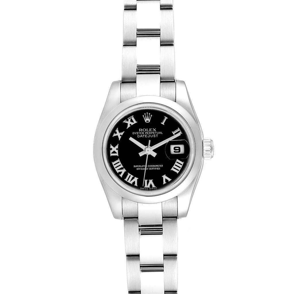 The Rolex Datejust 179160 Women's Stainless Steel Black Dial 179160 Women's Stainless Steel Black Dial model is shown from the front, displaying its face, bracelet, and dial with Roman numerals.