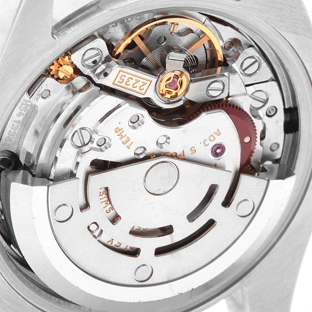 This image shows an angled view of the intricate movement mechanism of a Rolex Datejust 179160 Women's Stainless Steel Black Dial 179160 Women's Stainless Steel Black Dial watch.