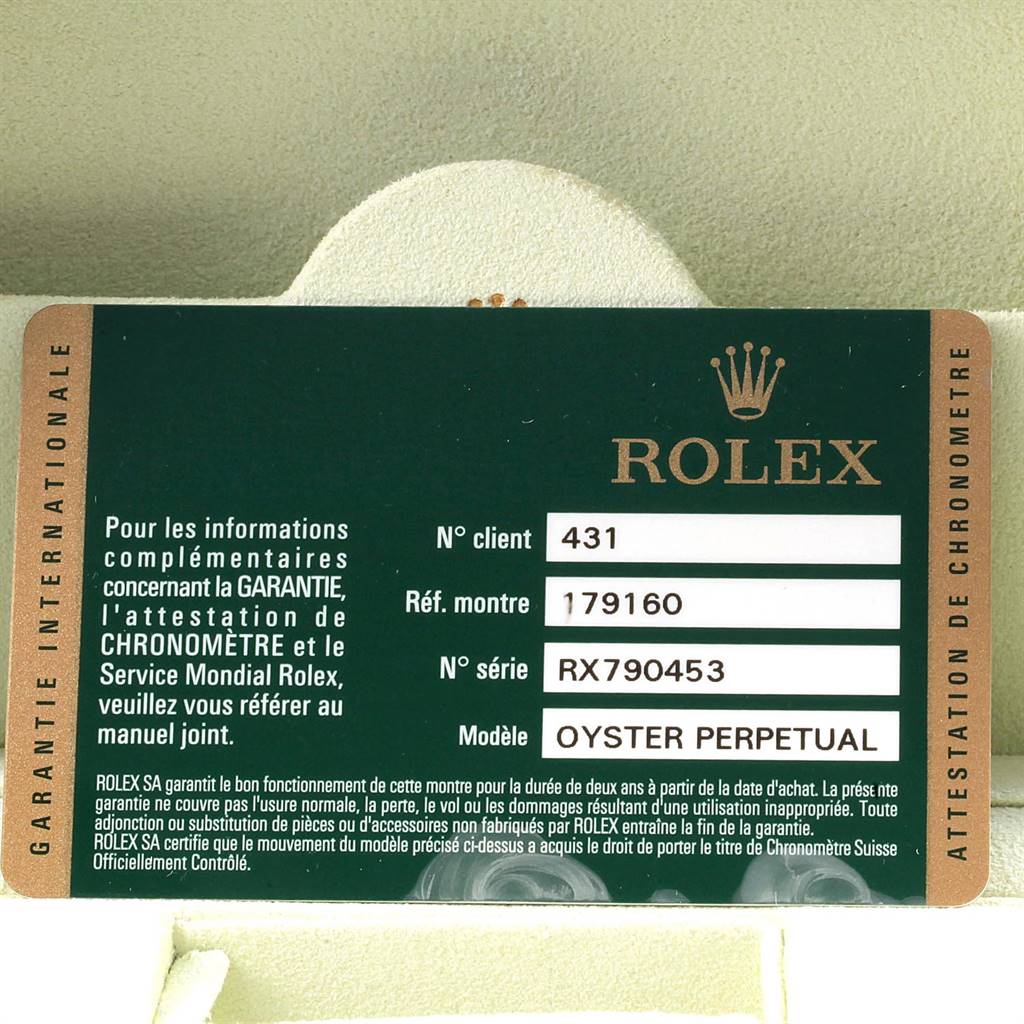 The image shows a close-up of a warranty card for a Rolex Datejust 179160 Women's Stainless Steel Black Dial 179160 Women's Stainless Steel Black Dial model, displaying client number 431 and serial number RX790453.