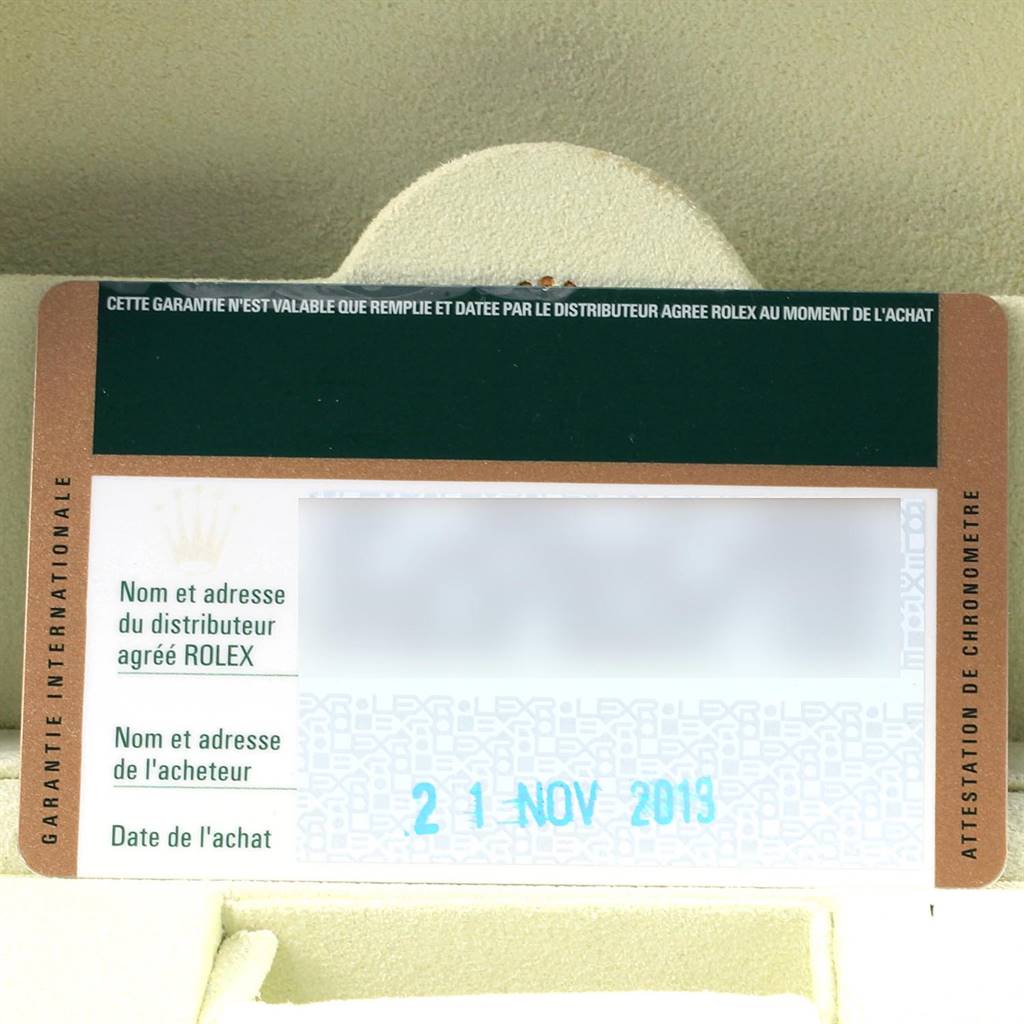 This image shows the warranty card for a Rolex Datejust 179160 Women's Stainless Steel Black Dial 179160 Women's Stainless Steel Black Dial watch, detailing the distributor, buyer's information, and purchase date.