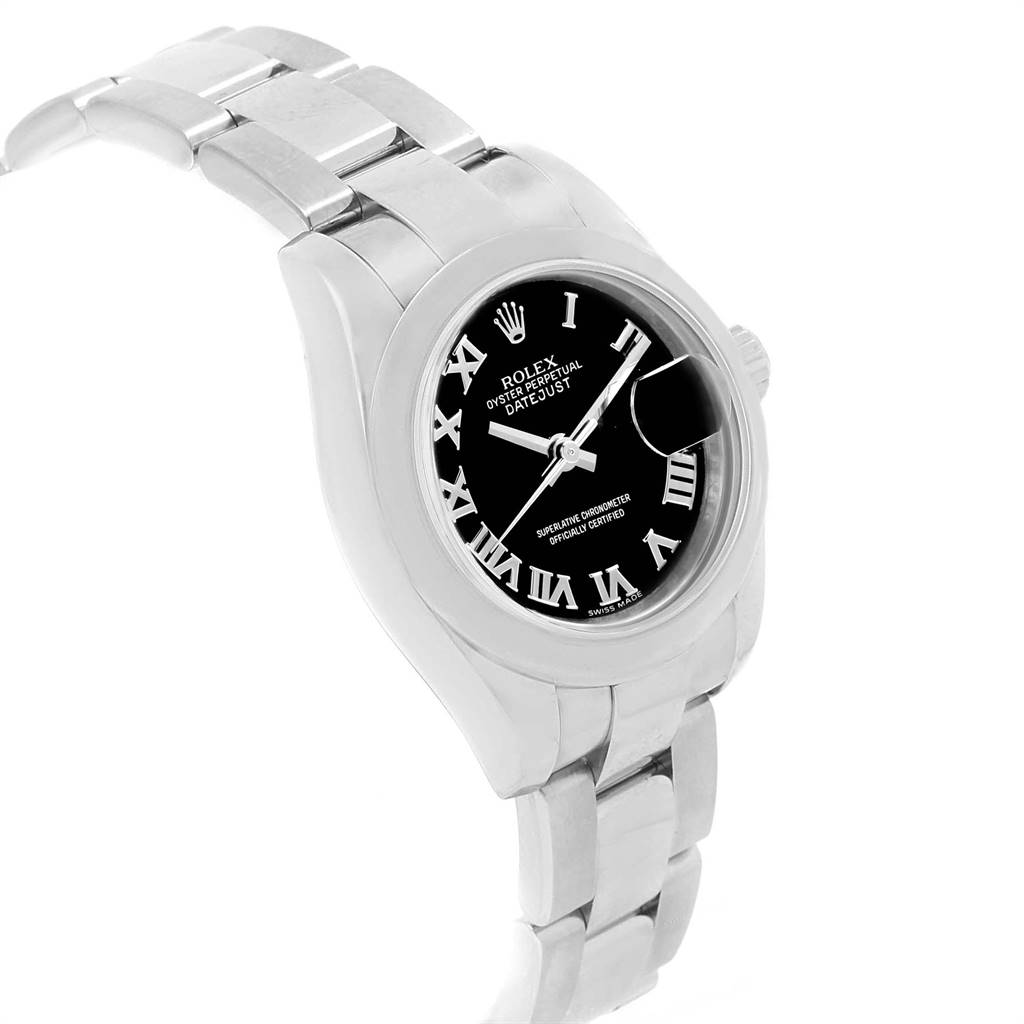 The image shows a Rolex Datejust 179160 Women's Stainless Steel Black Dial 179160 Women's Stainless Steel Black Dial watch at a slight angle, highlighting its black dial, Roman numeral markers, and metal bracelet.