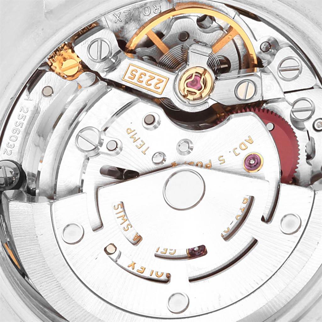 The image shows a close-up view of the movement mechanism of a Rolex Datejust 179174 Women's Stainless Steel Mother of Pearl Dial 179174 Women's Stainless Steel Mother of Pearl Dial watch.