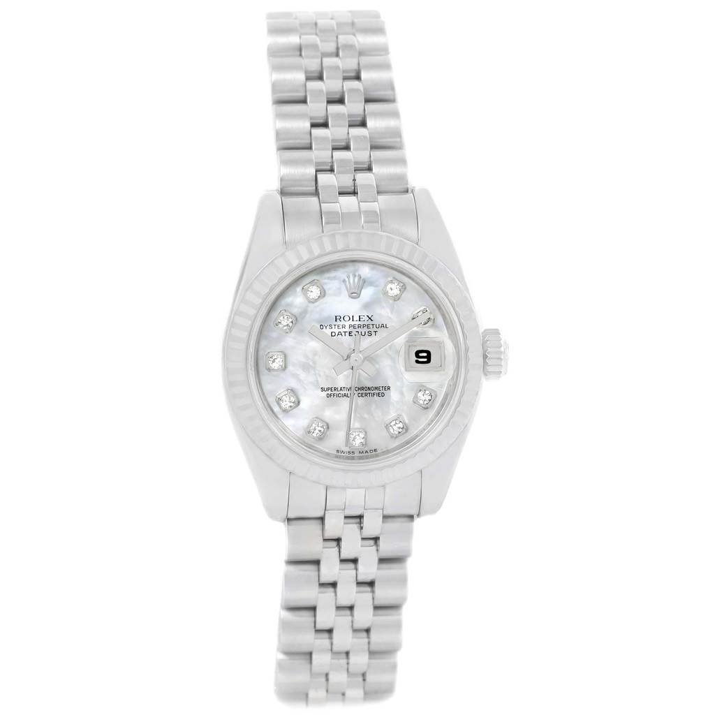 The image shows a front view of a Rolex Datejust 179174 Women's Stainless Steel Mother of Pearl Dial 179174 Women's Stainless Steel Mother of Pearl Dial watch, displaying its face, bezel, and bracelet.