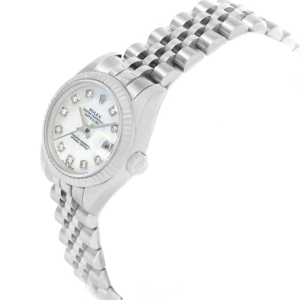 This image shows a Rolex Datejust 179174 Women's Stainless Steel Mother of Pearl Dial 179174 Women's Stainless Steel Mother of Pearl Dial watch at a three-quarter angle, highlighting the dial, bezel, crown, and bracelet.