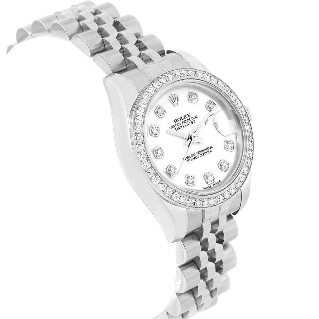 The image shows a side view of a Rolex Datejust 179384 Women's Stainless Steel White Dial 179384 Women's Stainless Steel White Dial watch, highlighting its bracelet, bezel, and dial.