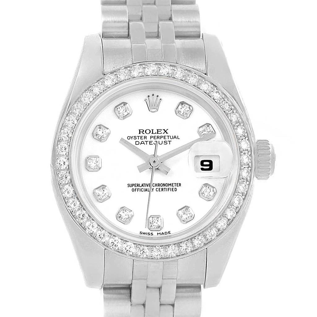 This image shows a front view of a Rolex Datejust 179384 Women's Stainless Steel White Dial 179384 Women's Stainless Steel White Dial watch, featuring a diamond bezel and hour markers.