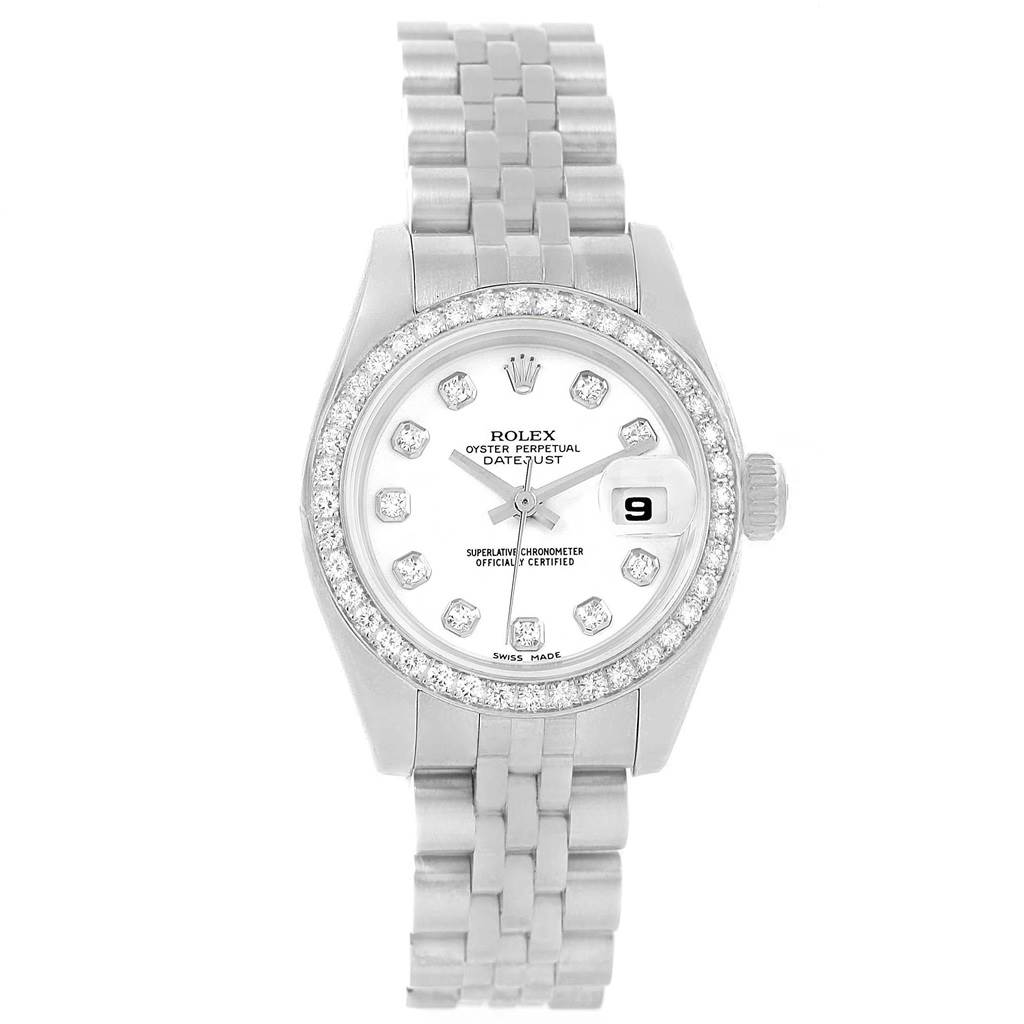 This image shows a top view of a Rolex Datejust 179384 Women's Stainless Steel White Dial 179384 Women's Stainless Steel White Dial watch, displaying its face, bezel, crown, and part of the bracelet.