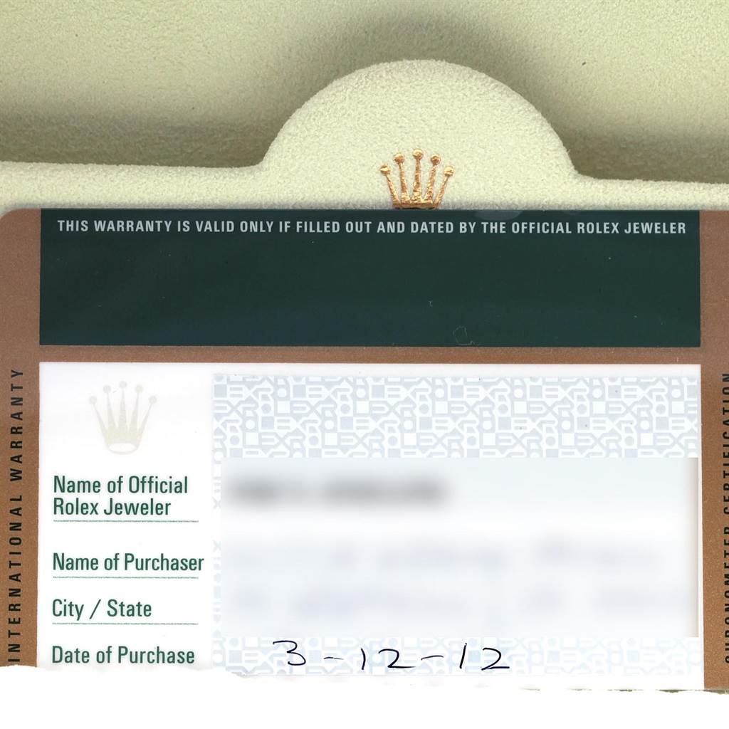 The image shows a warranty card from Rolex for the Datejust model.