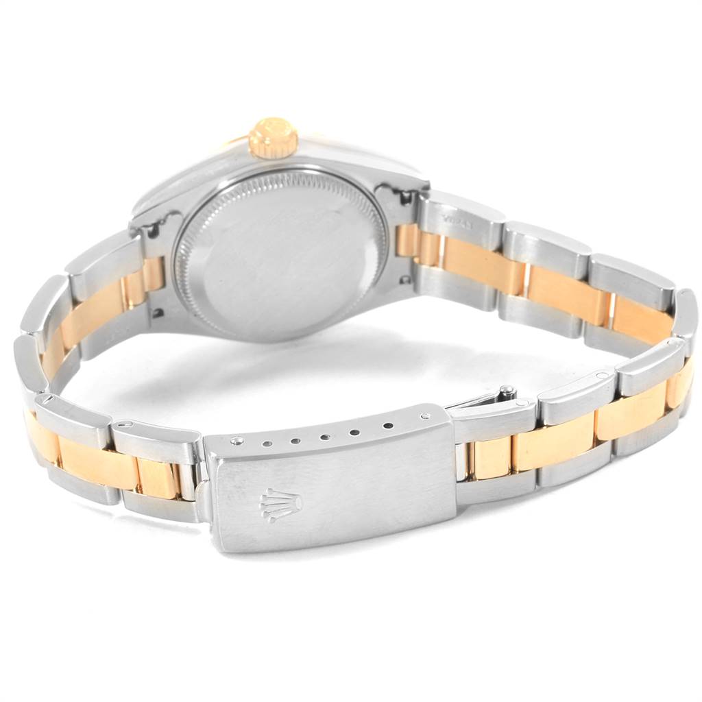 The image shows the back and clasp of a Rolex Datejust 79163 Women's Steel and Gold (two tone) Silver Dial 79163 Women's Steel and Gold (two tone) Silver Dial watch with a two-tone bracelet.