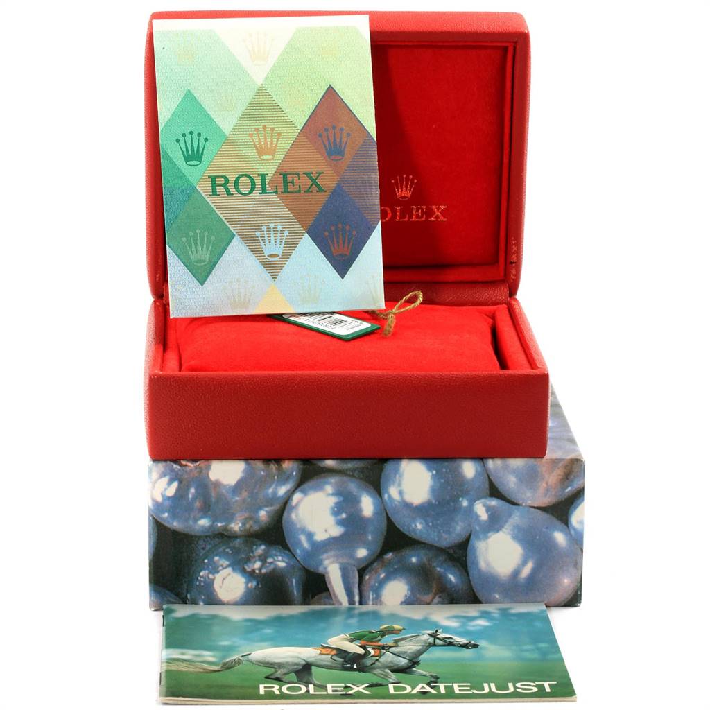 The image shows the packaging, box, and accessories of a Rolex Datejust 79163 Women's Steel and Gold (two tone) Silver Dial 79163 Women's Steel and Gold (two tone) Silver Dial watch, including a booklet and tags.