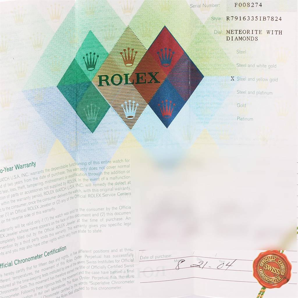 This image shows the warranty card for a Rolex Datejust 79163 Women's Steel and Gold (two tone) Silver Dial 79163 Women's Steel and Gold (two tone) Silver Dial model watch.