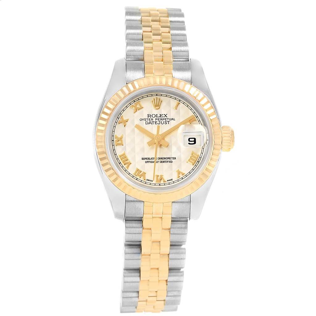 This image shows a front view of a Rolex Datejust 179173 Women's Steel and Gold (two tone) Beige Dial 179173 Women's Steel and Gold (two tone) Beige Dial watch, displaying the face, bezel, crown, and two-tone bracelet.