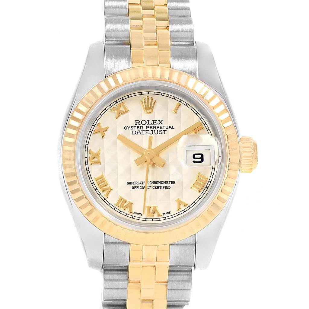 The image shows a front view of a Rolex Datejust 179173 Women's Steel and Gold (two tone) Beige Dial 179173 Women's Steel and Gold (two tone) Beige Dial watch, highlighting its dial, bezel, and bracelet.